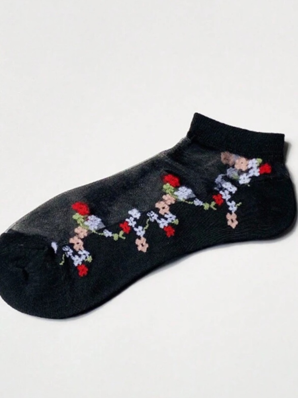 Black Ankle Socks with Floral Embroidery